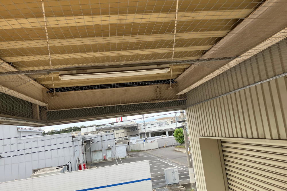工場の軒下天井全体に設置されたグレーの防鳥ネット施工事例。鉄骨や照明への鳩の侵入を防ぎ、フン害対策を行った様子