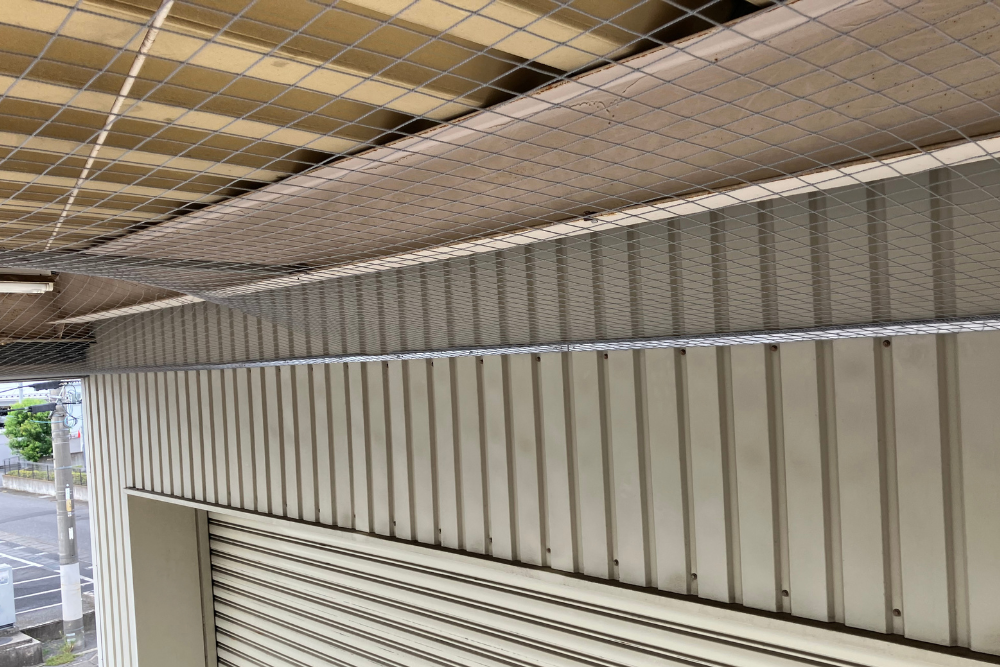 シャッター上部壁面に沿って隙間なく取り付けられた防鳥ネット。軒下の入り組んだ箇所への鳩の侵入や営巣を防ぐ、精密な施工事例です。