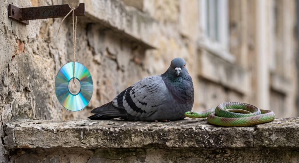 ダミーのヘビや光るCDの横で平然と毛づくろいをする鳩の様子