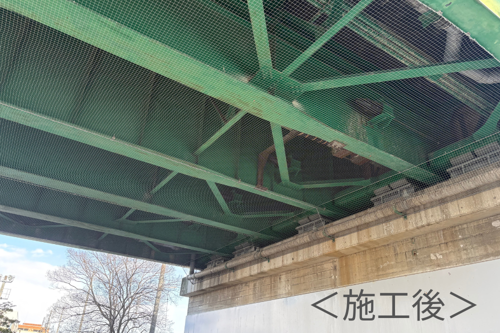防鳥ネット施工後の緑色の鉄橋下部。コンクリート橋脚から鉄骨の隅々まで隙間なく綺麗に網が張られた状態の画像です。