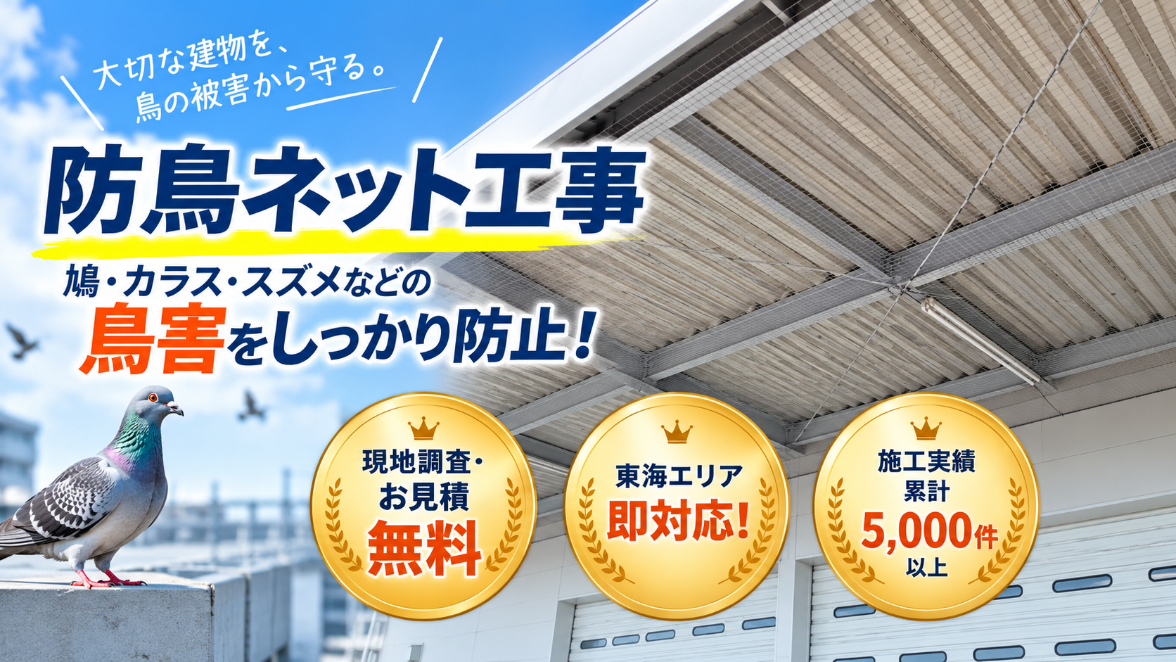 防鳥ネット工事｜鳩・カラス・スズメなどの鳥害をしっかり防止