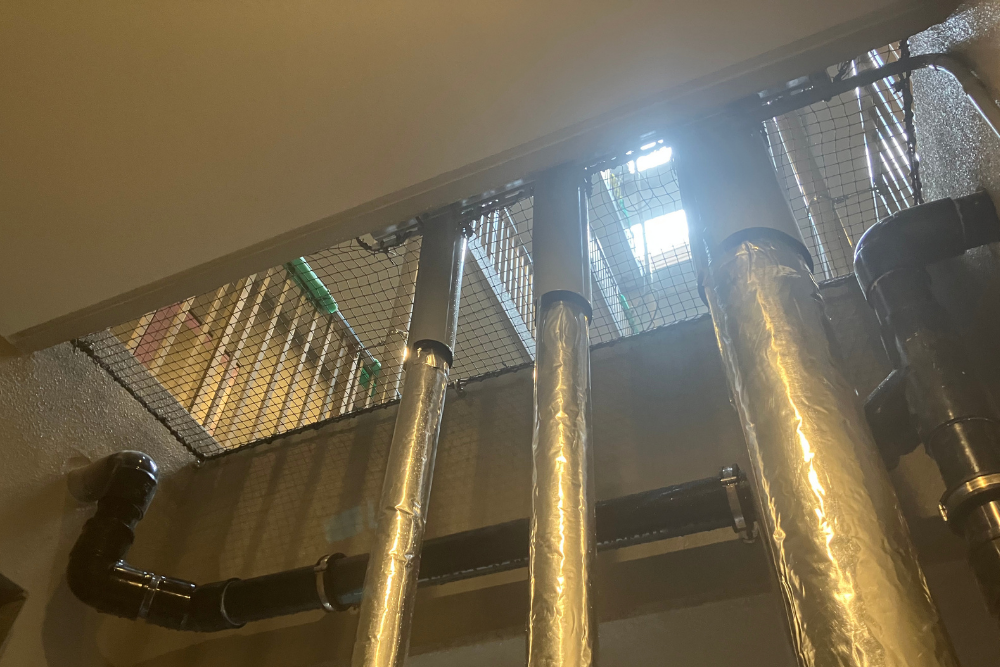 見上げた角度から捉えた、マンションの配管周りに沿って丁寧に取り付けられた鳥害・落下防止用ネットの様子。