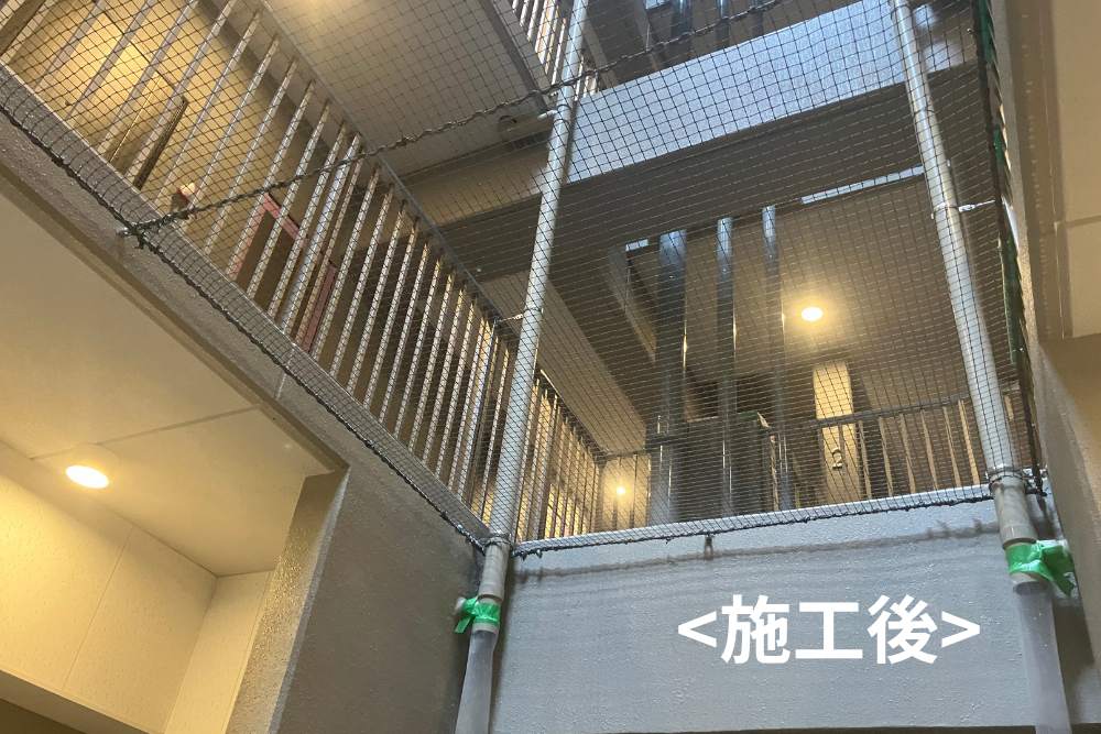 建物の吹き抜け空間に落下防止ネットを取り付けた施工後の様子